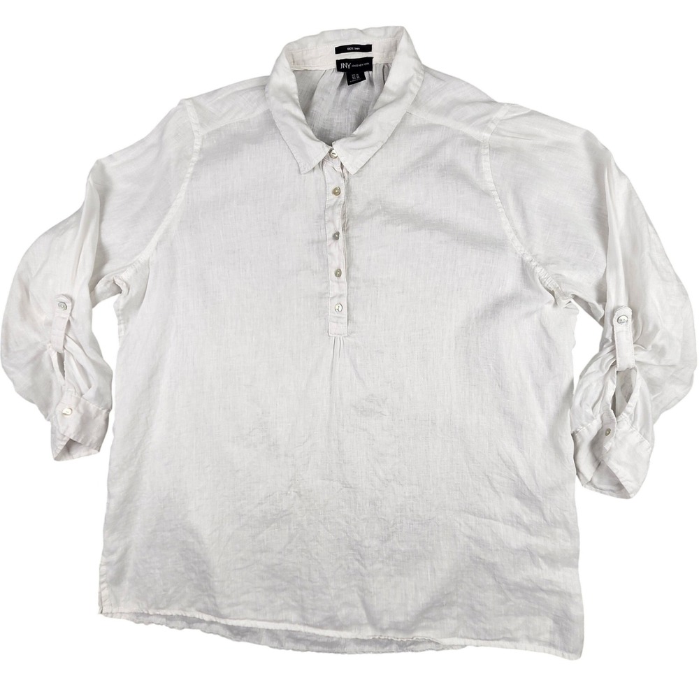 Jones‎ New York Shirt Blouse 1X White Linen Roll Tab Sleeve Henley Tunic Boho